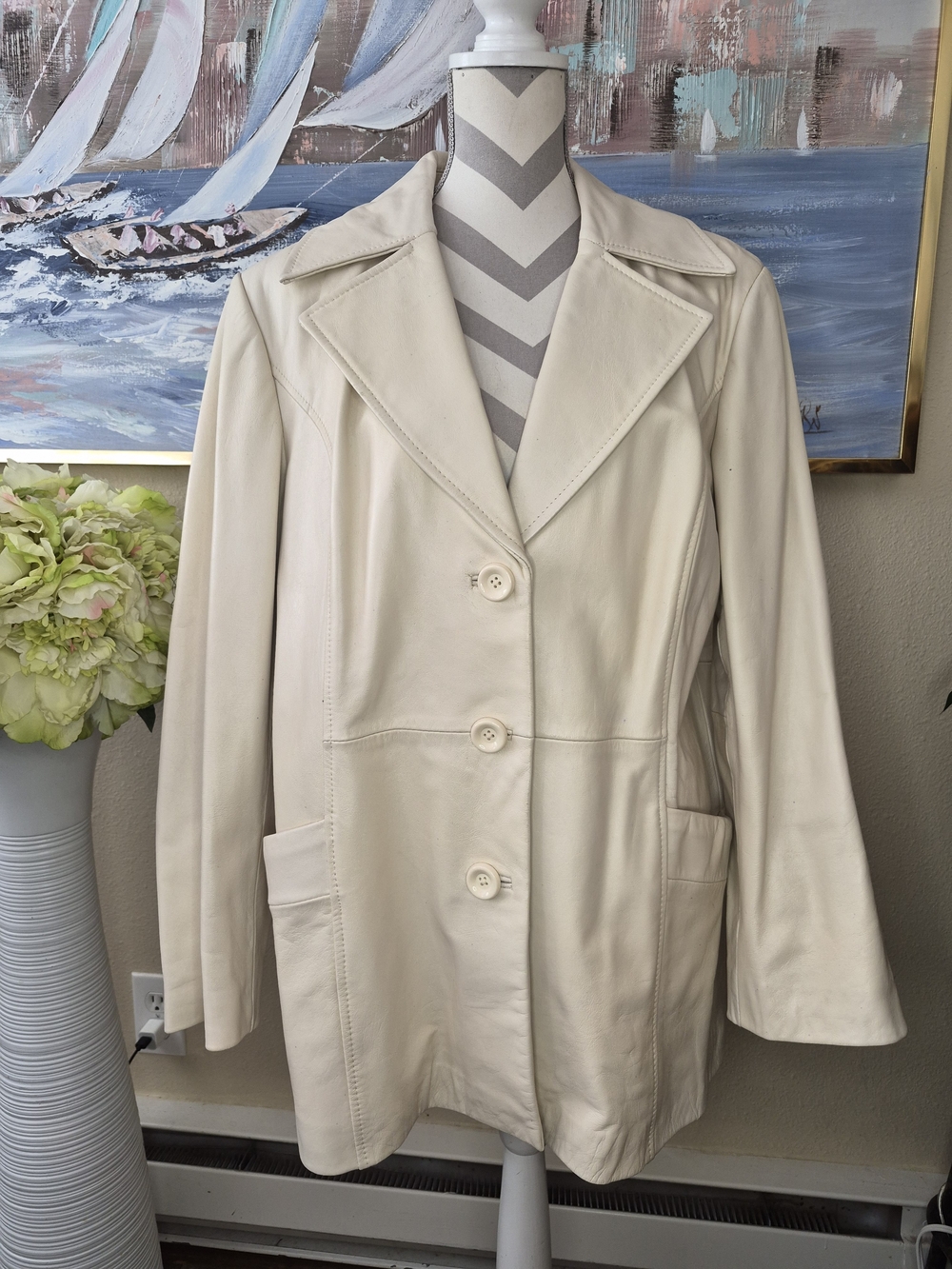 Preston & York Cream Leather Button-Front Blazer